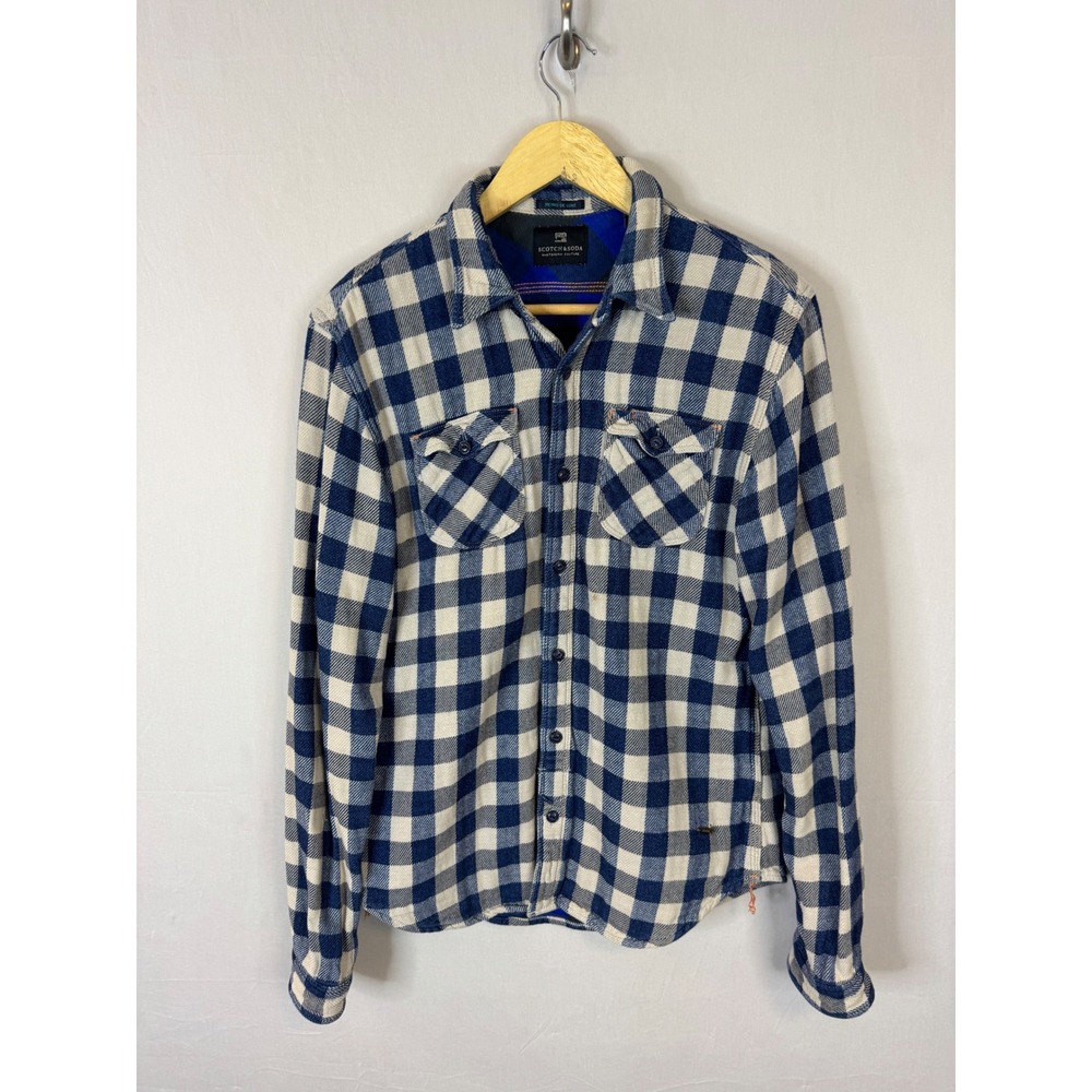 Scotch & Soda Mens Blue Cream Buffalo Check Flannel Shirt Retro De Luxe Medium